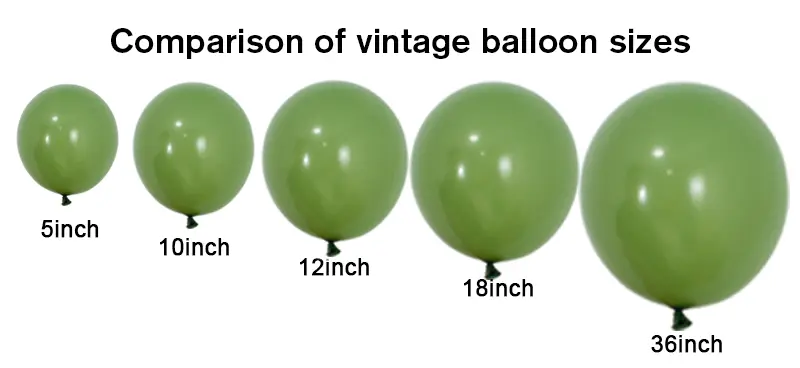 5 10 12 18 and 36 inch Retro latex balloon size comparison